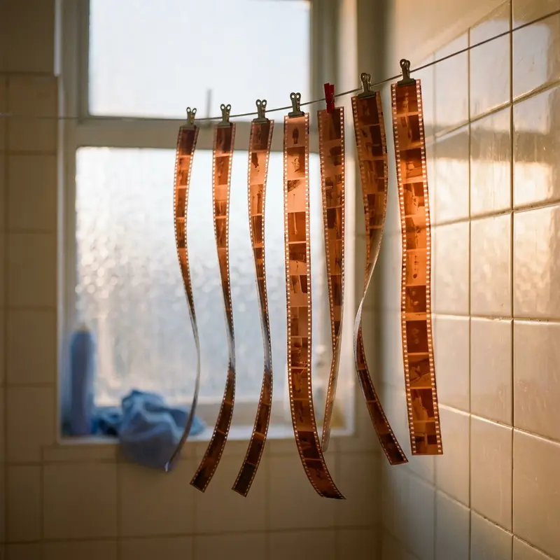 Strips of developed colour negatives hanging to dry in front of a sunlit window