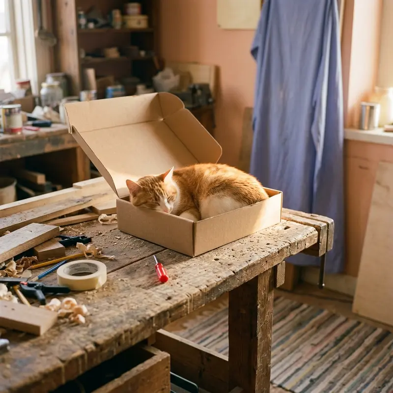 An orange cat asleep in a cardboard mailer box on a workbench