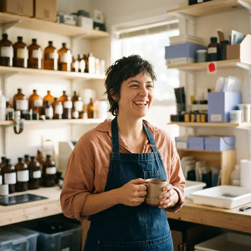 A woman in a denim apron laughing and holding a mug in a small film lab