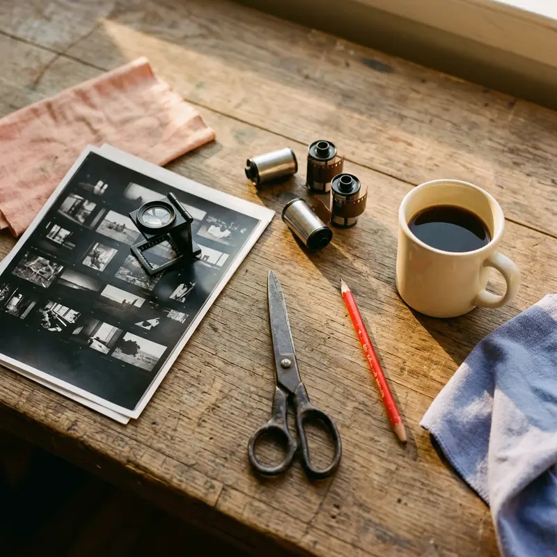A contact sheet, loupe, film canisters, scissors and a coffee on a wooden bench