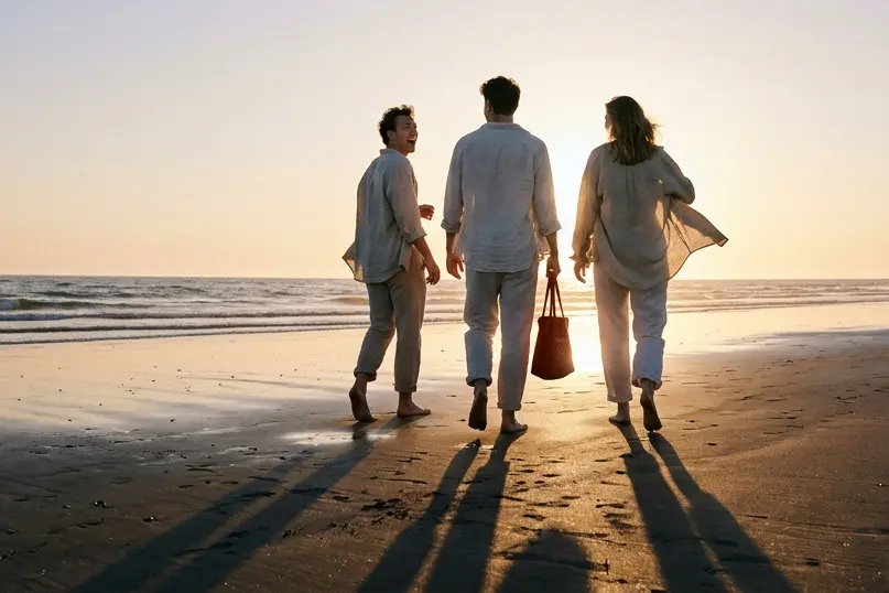 Three friends walking away along a beach at golden hour, long shadows on wet sand