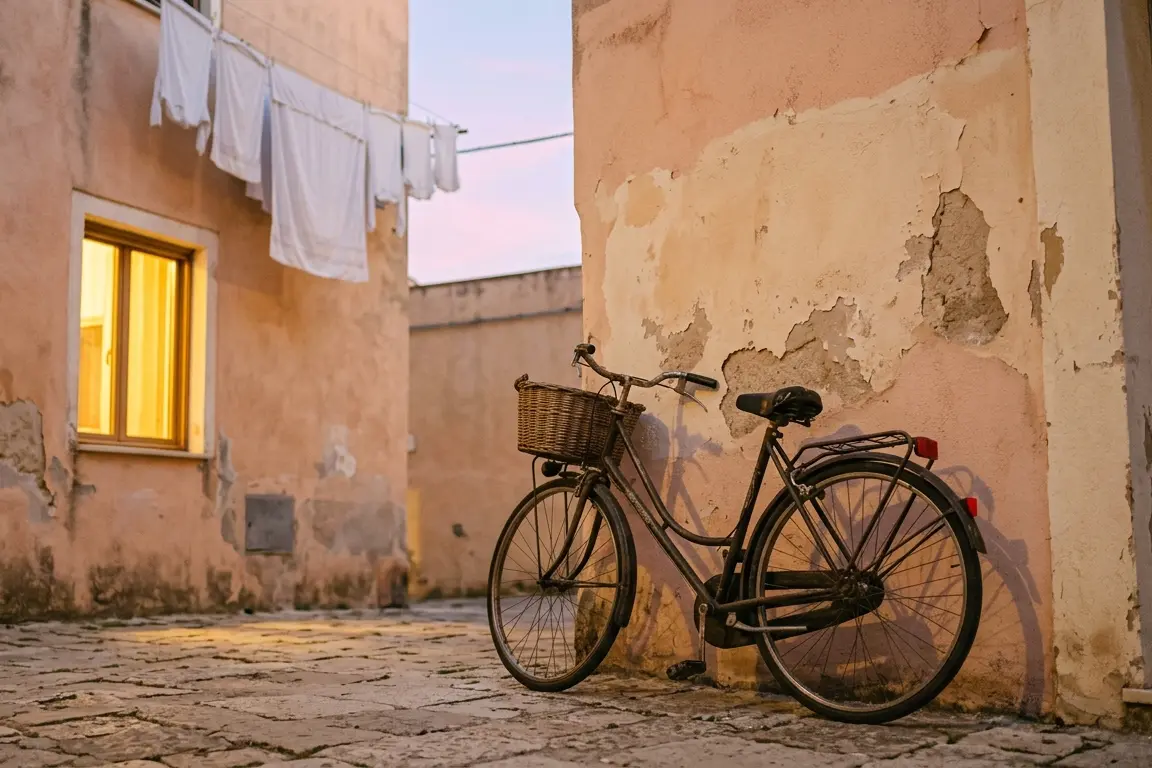 A bicycle with a wicker basket leaning on a pink plaster wall at dusk, laundry overhead