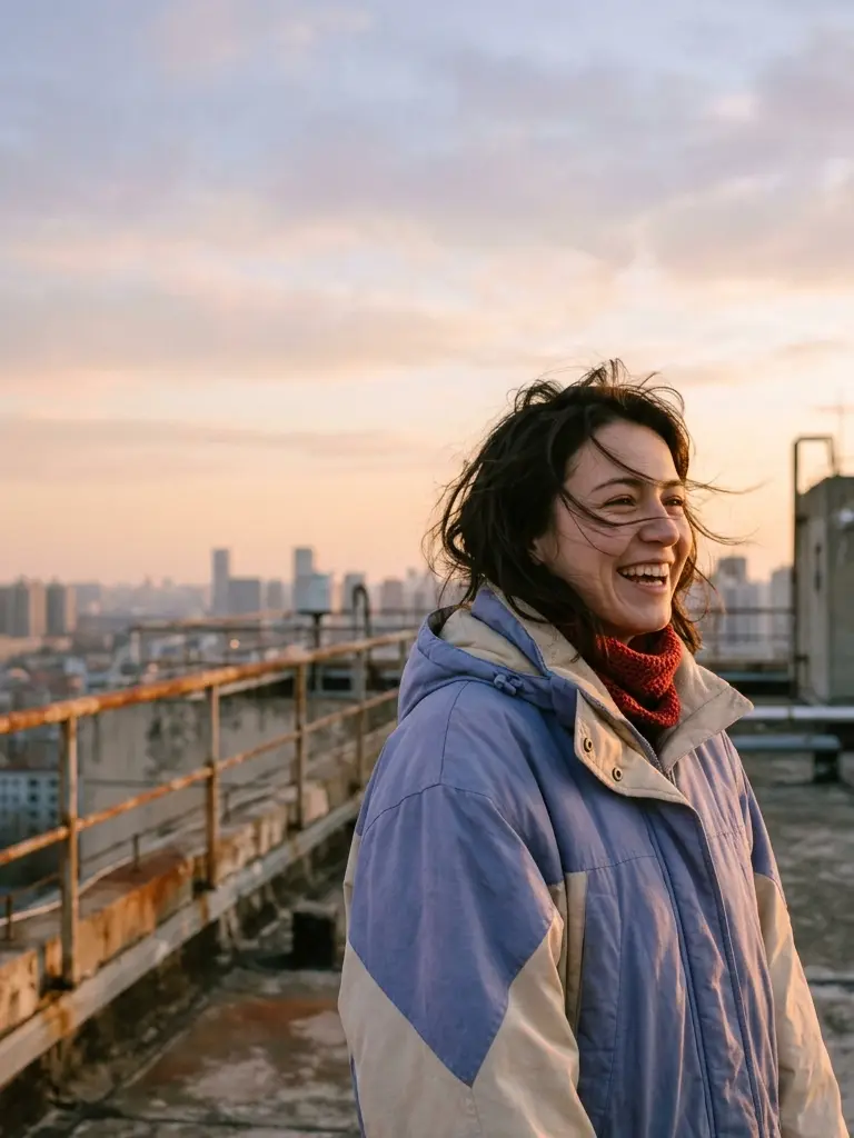 A woman laughing on a rooftop at dusk, wind in her hair